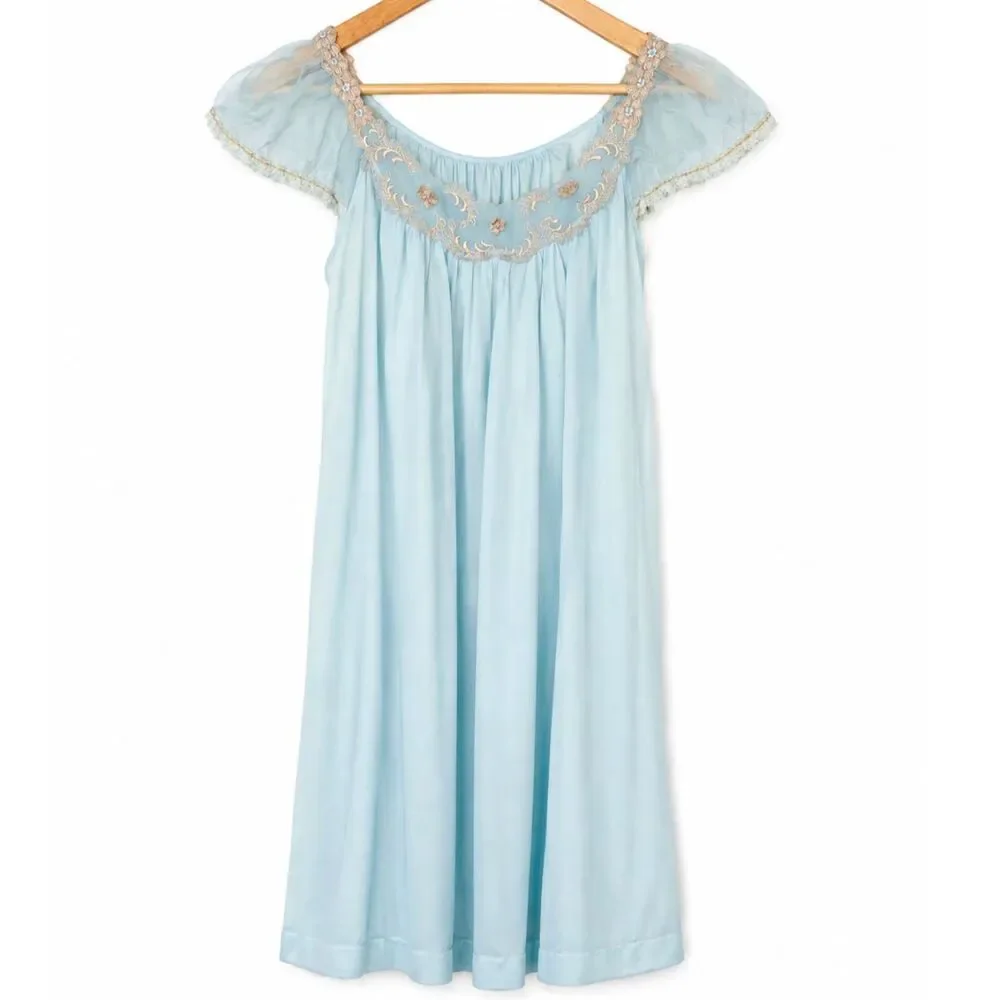 Vintage Pinehurst Blue Peignoir Set w/ Embroidered Lace Trim Med Robe Nightgown